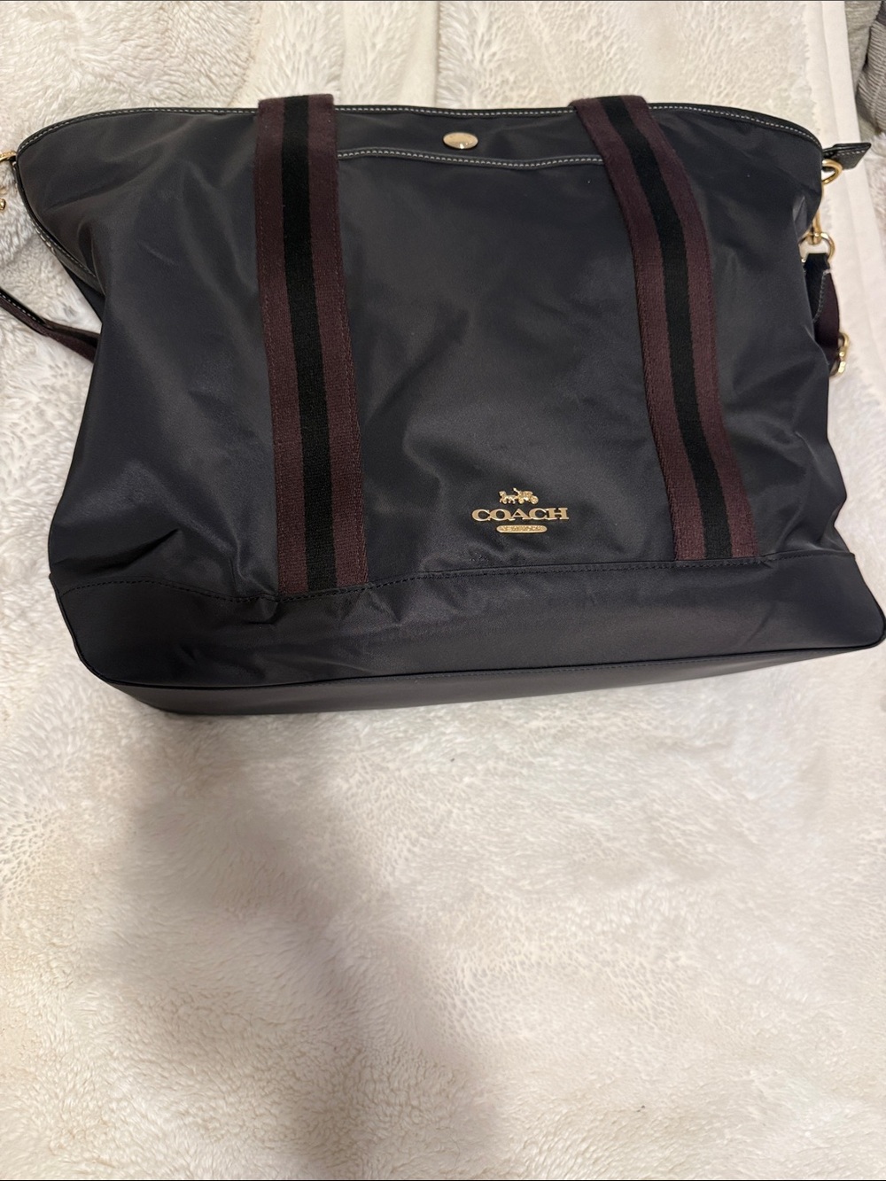 Coach Ellis Weekender Black Nylon Duffel with Maroon-Trim Straps